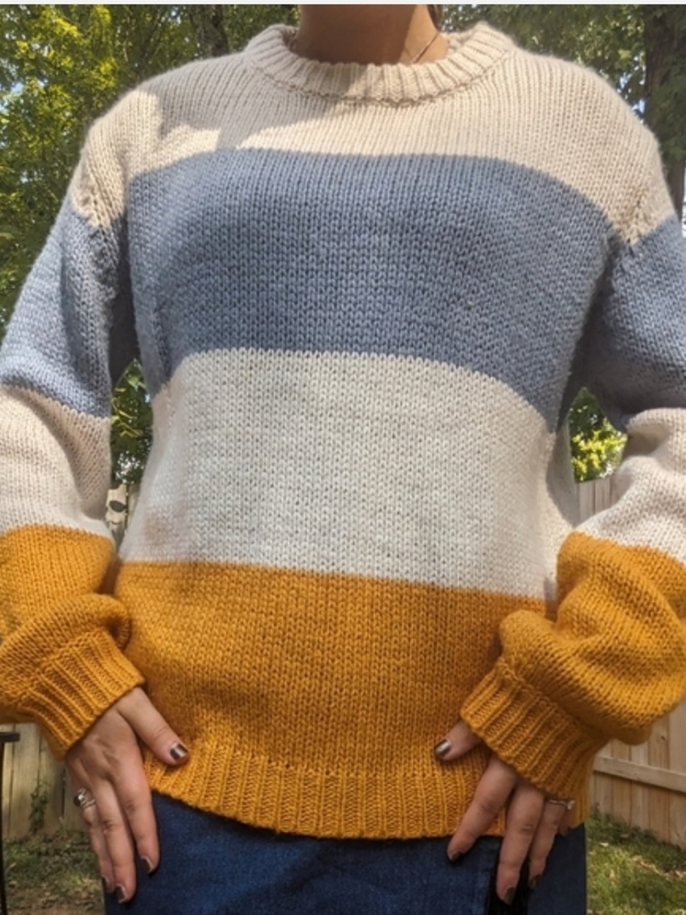 Style Rack Striped Crewneck Sweater in Cream, Blue & Mustard